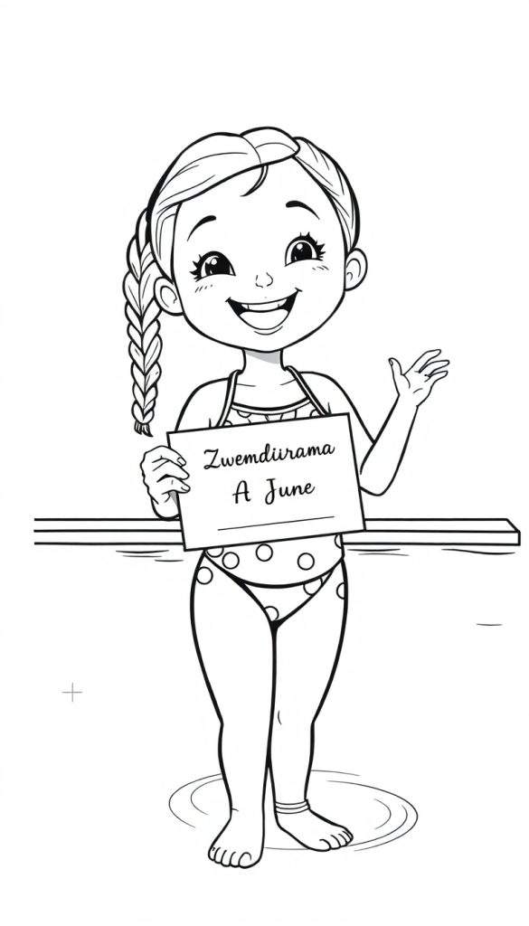 Kleurplaat van een vrolijk meisje met een zwemdiploma.