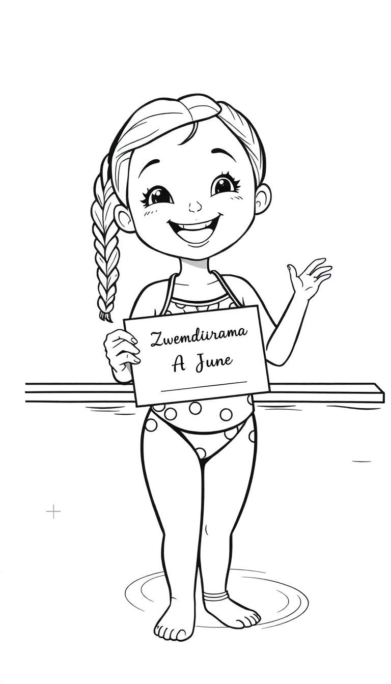 Kleurplaat van een vrolijk meisje met een zwemdiploma.