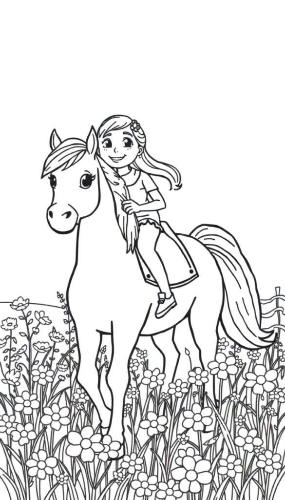 Zwart-wit kleurplaat van een meisje dat op een paard rijdt door een bloemenveld.