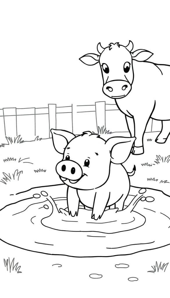 Kleurplaat: Vrolijk varken in de modder naast een koe.