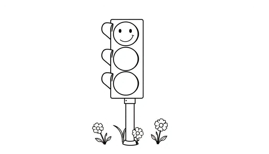 Zwart-witte tekening van een lachend verkeerslicht met bloemen eronder, een kleurplaat.