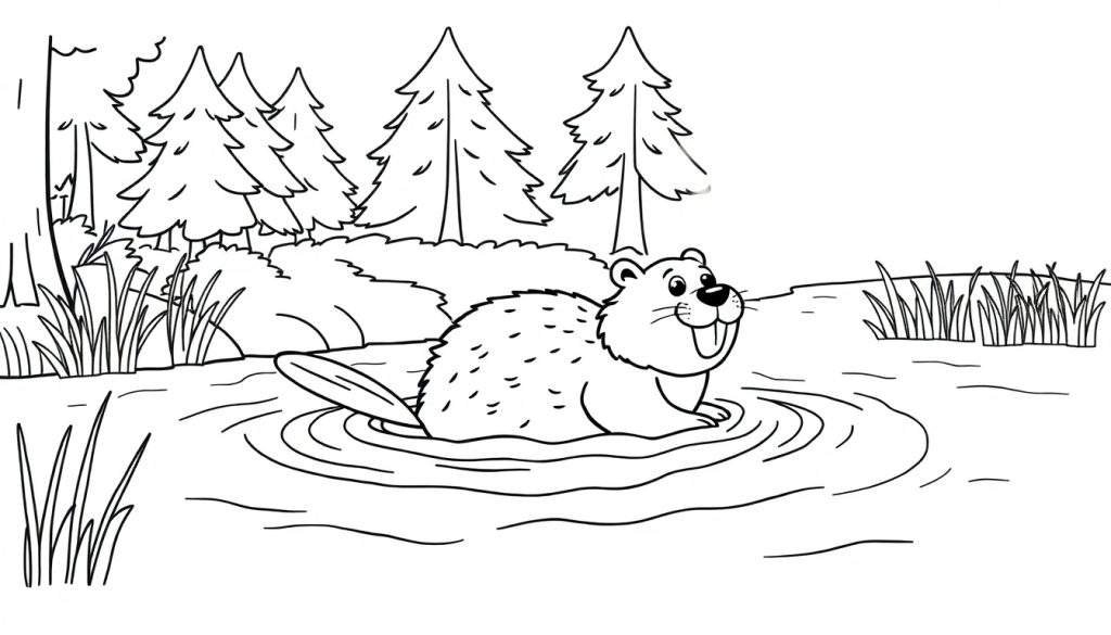 Kleurplaat van een vrolijke bever in het water.