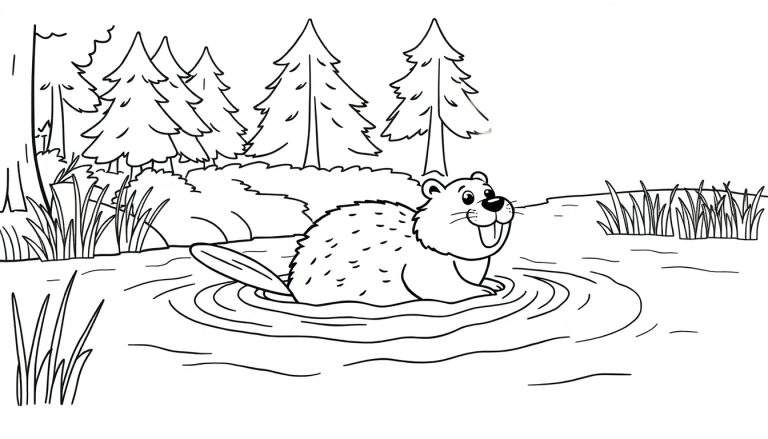 Kleurplaat van een vrolijke bever in het water.