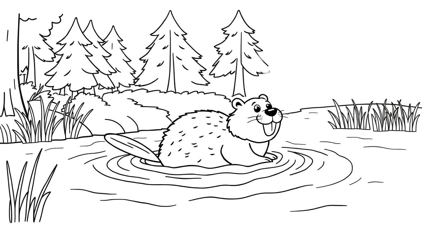 Kleurplaat van een vrolijke bever in het water.