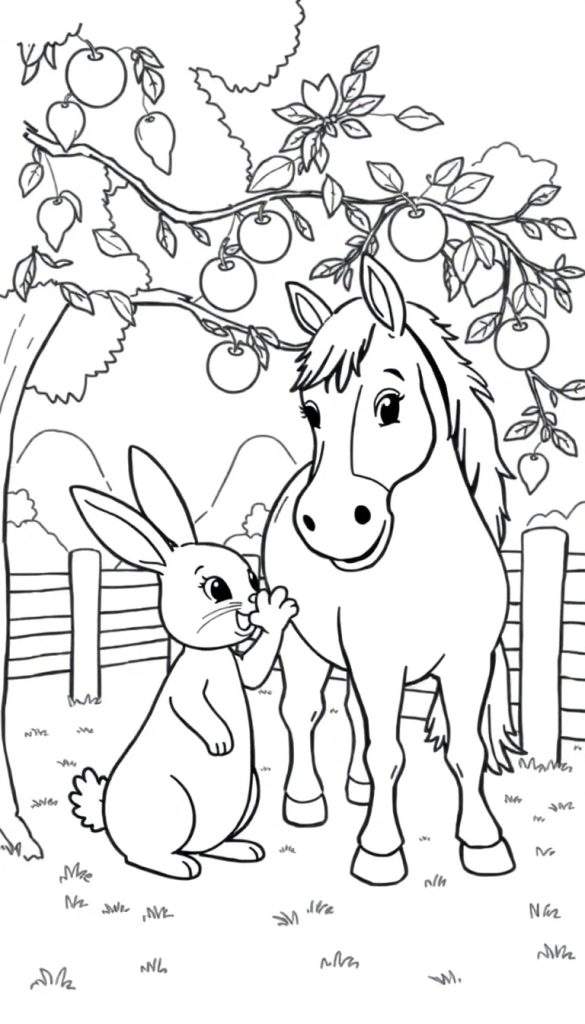 Kleurplaat van een konijn en paard bij een fruitboom.