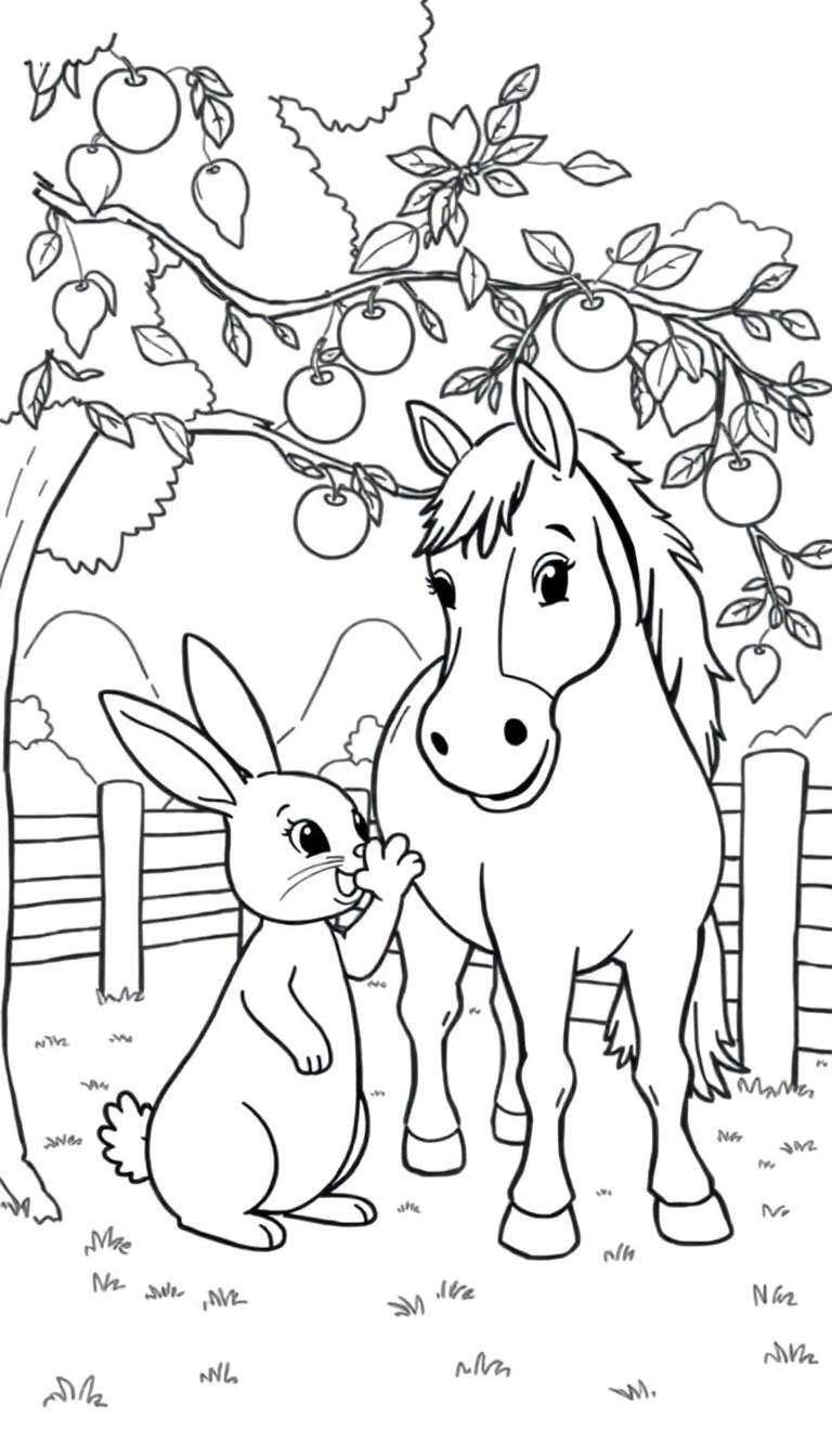 Kleurplaat van een konijn en paard bij een fruitboom.