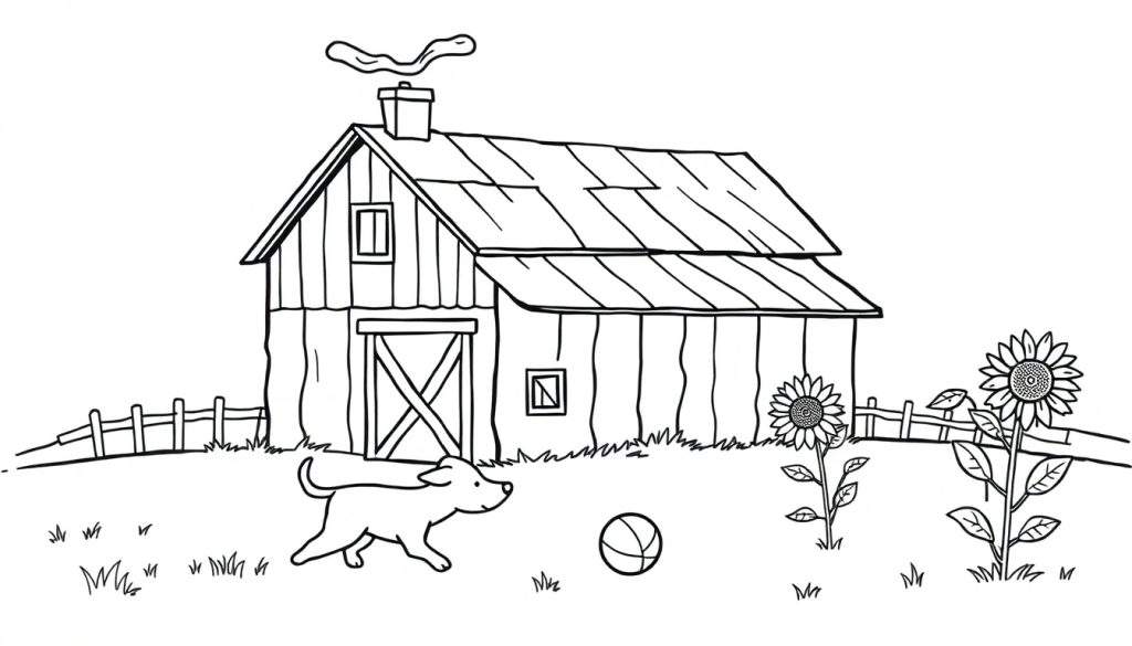 Zwart-wit kleurplaat van een boerderij met een schuur, veld, zonnebloemen en een hond.