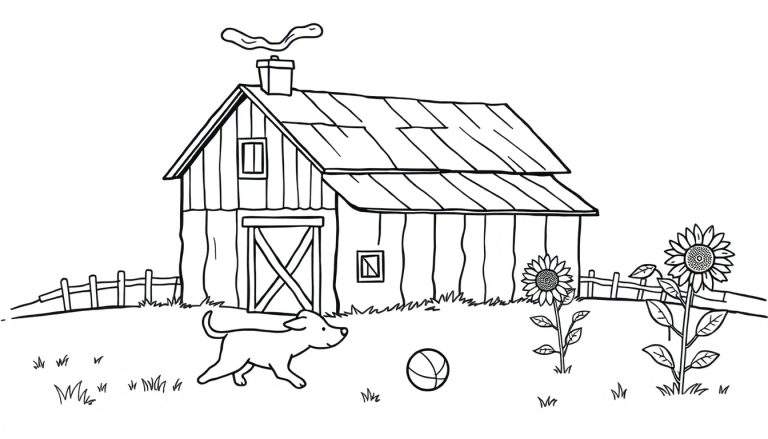 Zwart-wit kleurplaat van een boerderij met een schuur, veld, zonnebloemen en een hond.