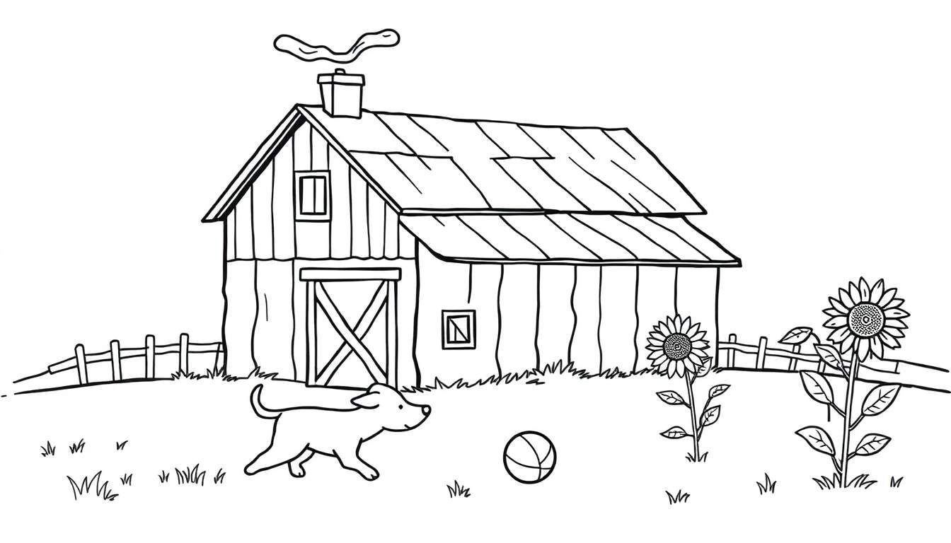 Zwart-wit kleurplaat van een boerderij met een schuur, veld, zonnebloemen en een hond.