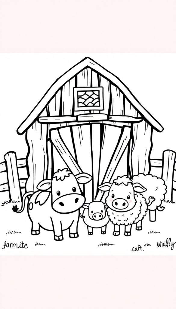 Kleurplaat van een boerderij met een koe, kalf en schaap.