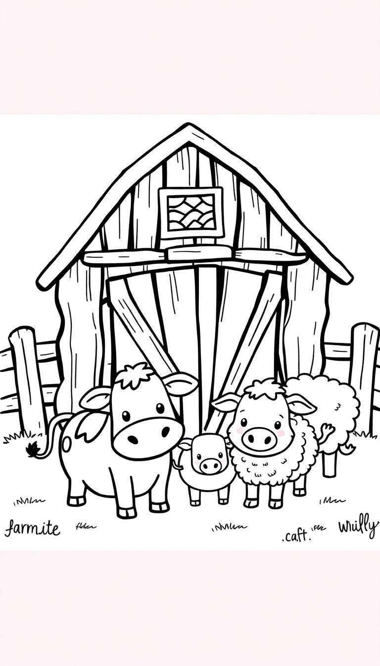 Kleurplaat van een boerderij met een koe, kalf en schaap.