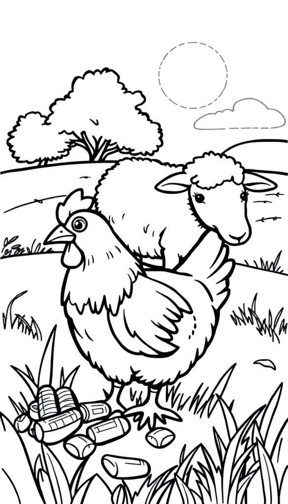 Kleurplaat van een boerderijtafereel met een kip en een schaap.