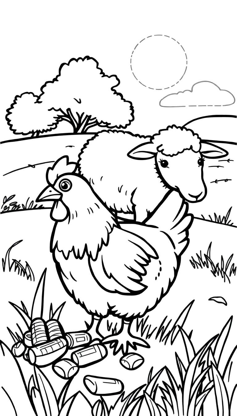 Kleurplaat van een boerderijtafereel met een kip en een schaap.