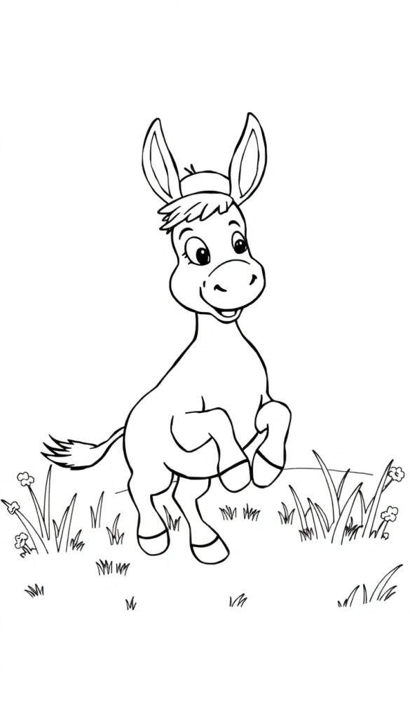 Kleurplaat van een vrolijke ezel op een grasveld.