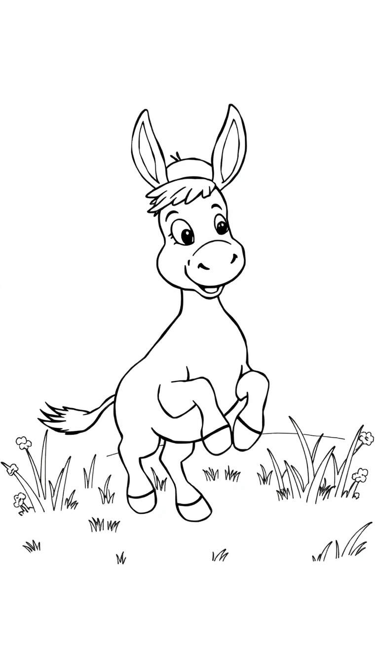 Kleurplaat van een vrolijke ezel op een grasveld.