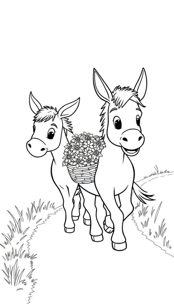 Kleurplaat van twee vriendelijke ezels