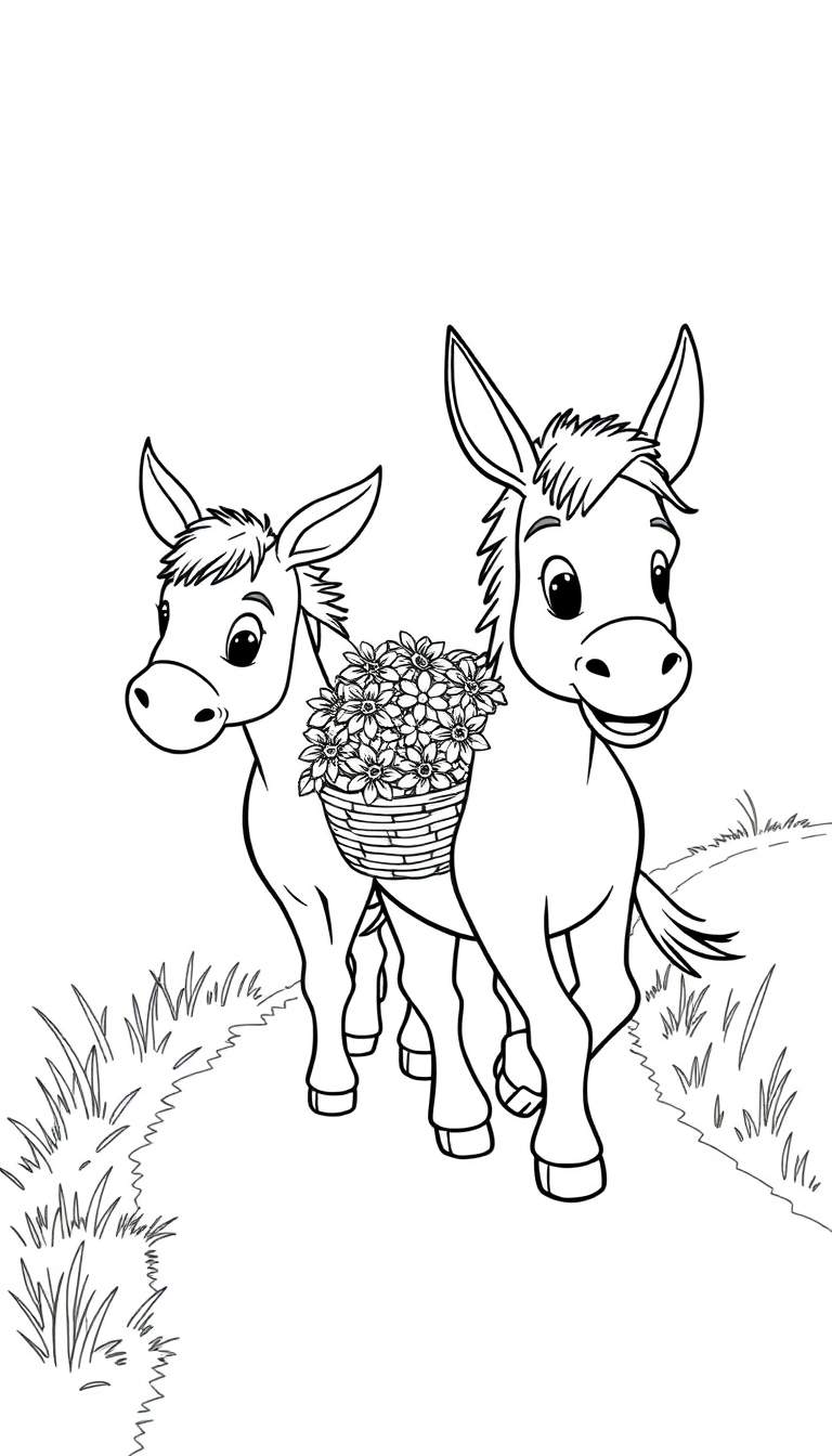 Kleurplaat van twee vriendelijke ezels