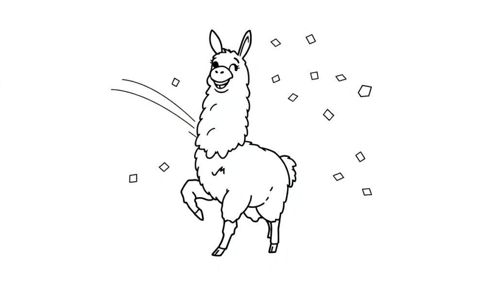 Kleurplaat van een lachende lama in een Fortnite dans.