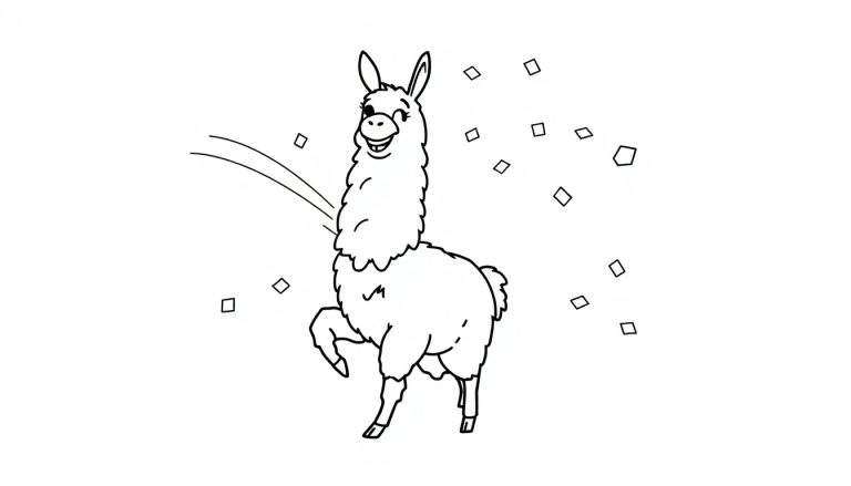 Kleurplaat van een lachende lama in een Fortnite dans.