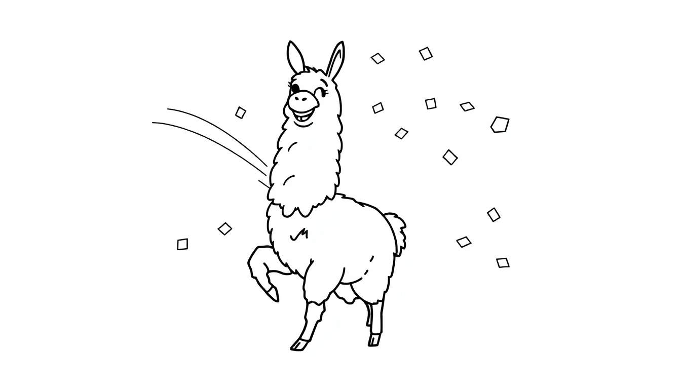 Kleurplaat van een lachende lama in een Fortnite dans.