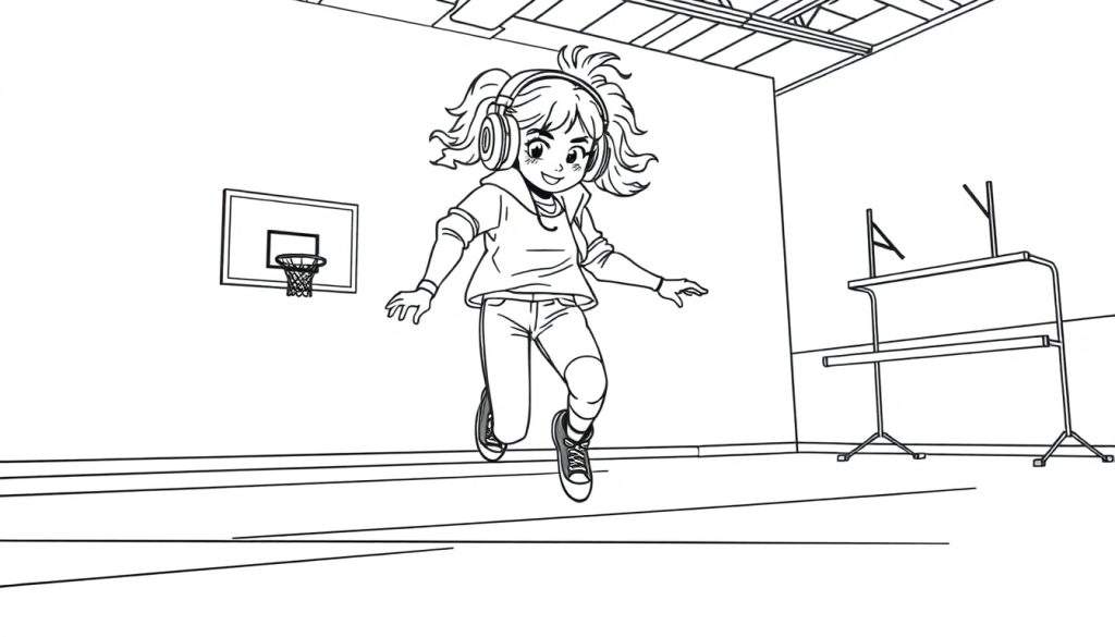 Kleurplaat: meisje met koptelefoon danst in gymzaal.