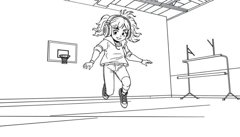 Kleurplaat: meisje met koptelefoon danst in gymzaal.