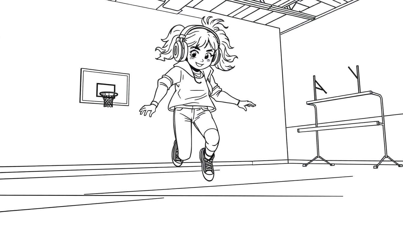 Kleurplaat: meisje met koptelefoon danst in gymzaal.