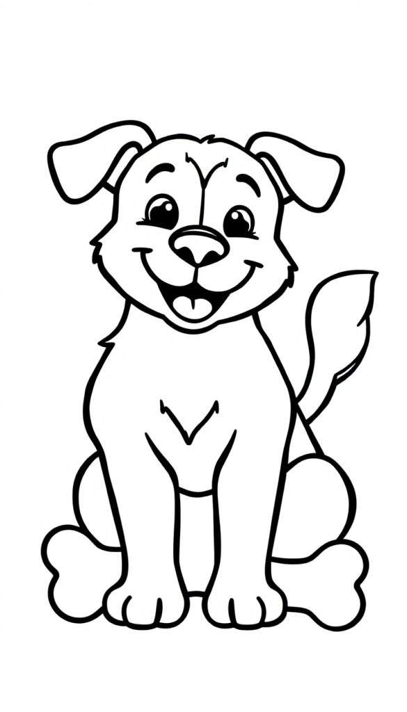 Kleurplaat van een blije zittende hond met dikke zwarte lijnen.