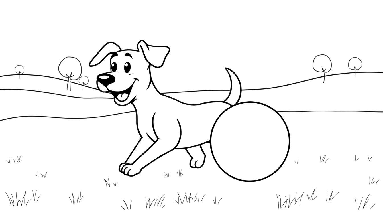 Zwart-wit kleurplaat van een blije hond die buiten speelt in een veld met heuvels op de achtergrond.