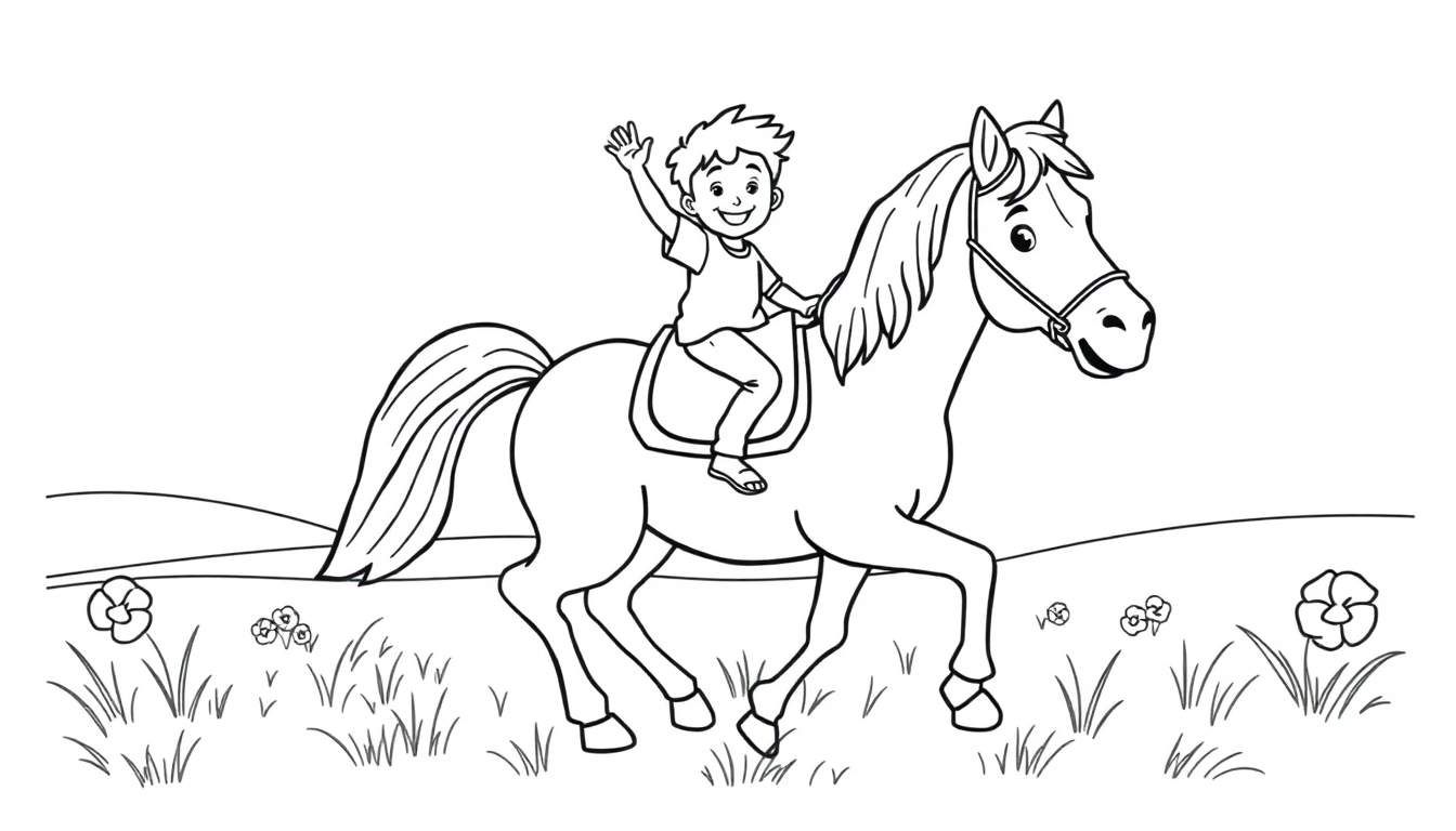 Een zwart-wit kleurplaat van een blije jongen op een galopperend paard met zijn arm omhoog.