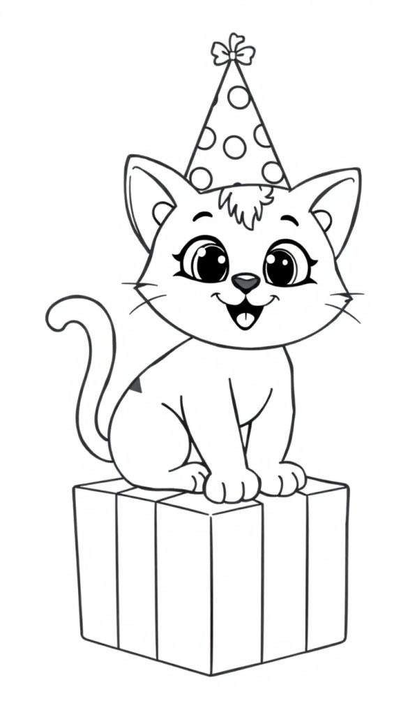Kleurplaat van een blije cartoonkat met verjaardagshoed op een cadeau.