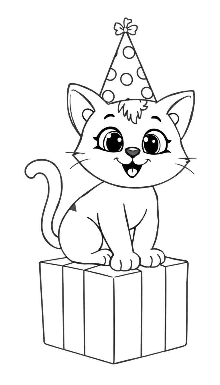Kleurplaat van een blije cartoonkat met verjaardagshoed op een cadeau.