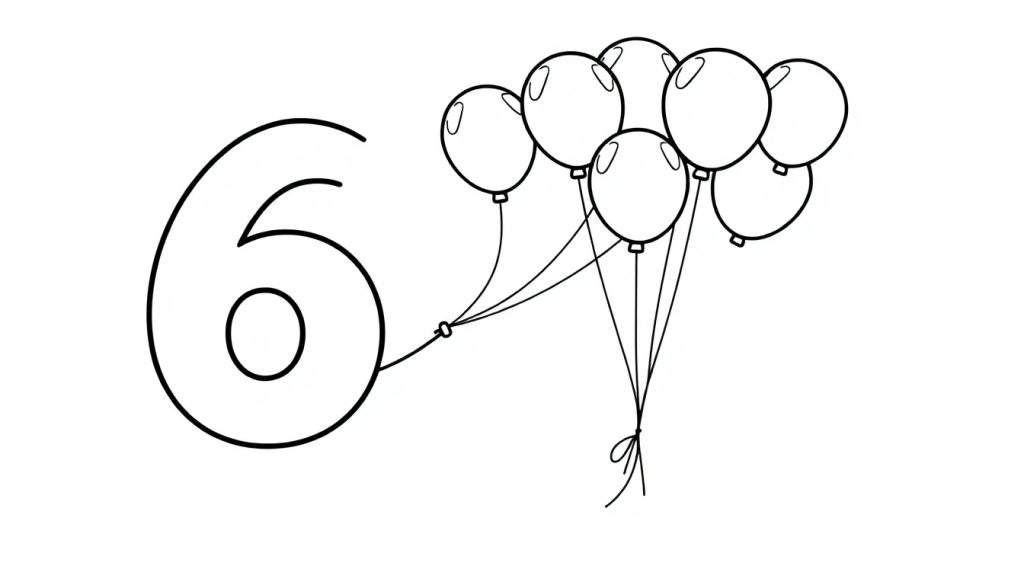 Kleurplaat van het cijfer 6 met een tros ballonnen.