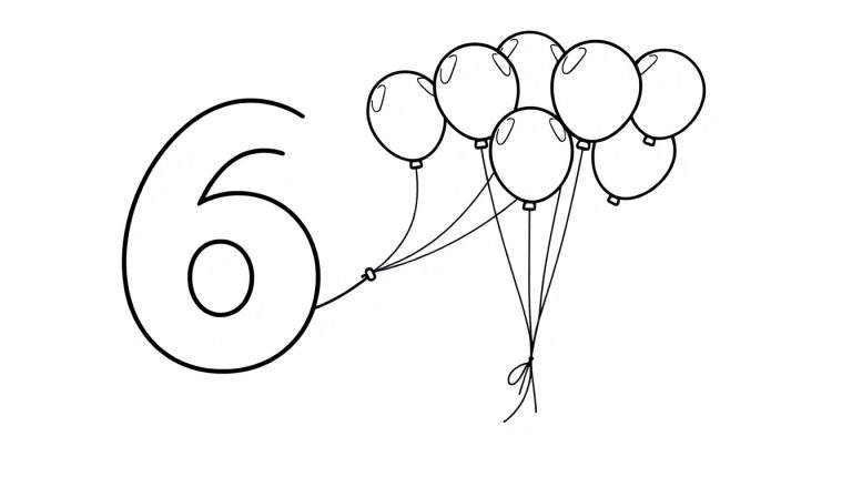 Kleurplaat van het cijfer 6 met een tros ballonnen.