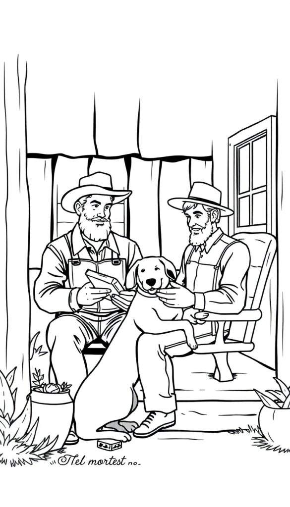 Zwart-wit kleurplaat van twee cowboys op een veranda met een hond.