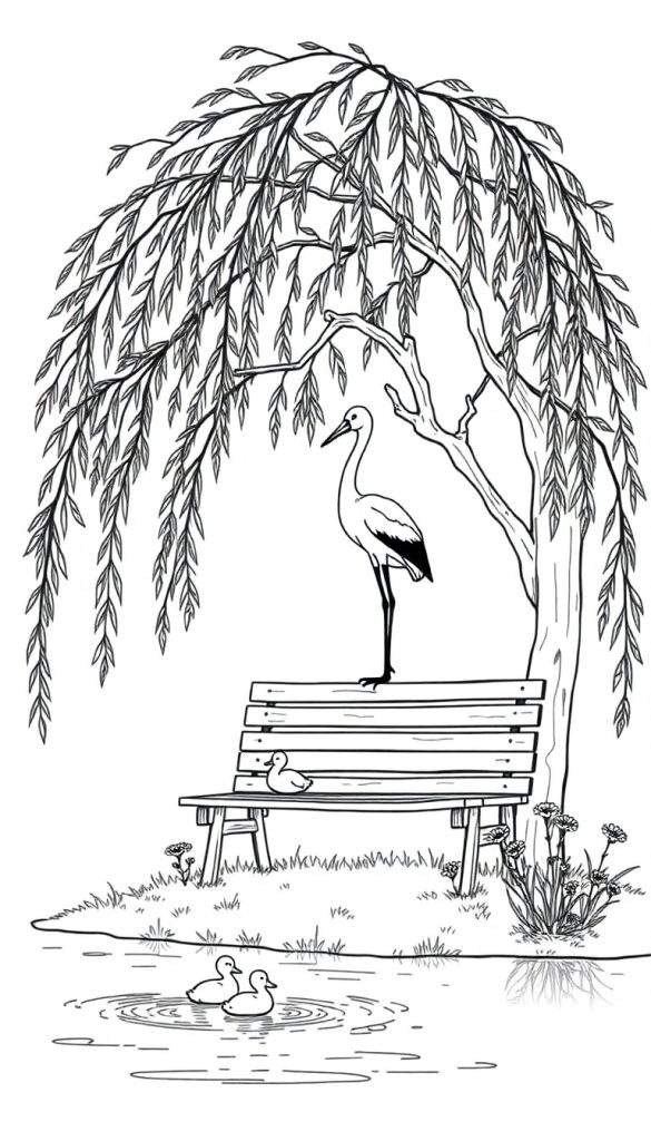 Zwart-wit kleurplaat van een grote treurwilg, een bankje met een ooievaar en een eendje, en twee eendjes in een vijver met bloemen.