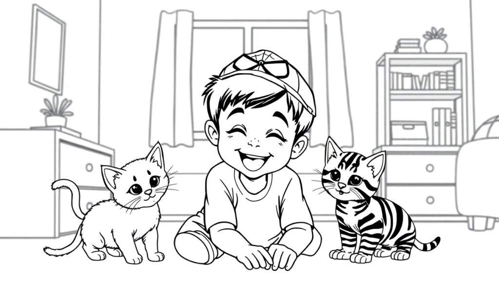 Kleurplaat van een jongen met een Spiderman pet die speelt met twee kittens.