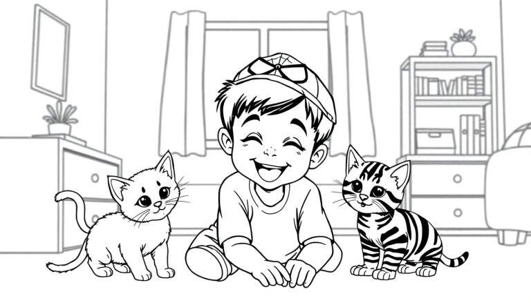 Kleurplaat van een jongen met een Spiderman pet die speelt met twee kittens.