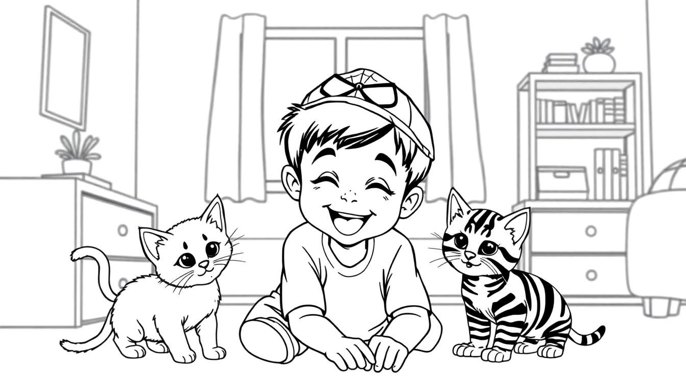 Kleurplaat van een jongen met een Spiderman pet die speelt met twee kittens.