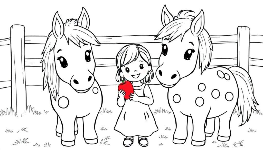 Kleurplaat van een meisje met twee Shetland pony's en een appel.