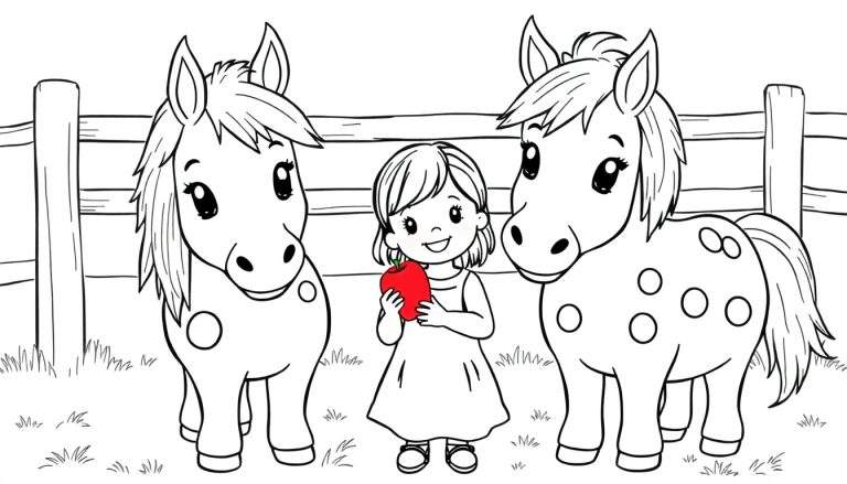 Kleurplaat van een meisje met twee Shetland pony's en een appel.