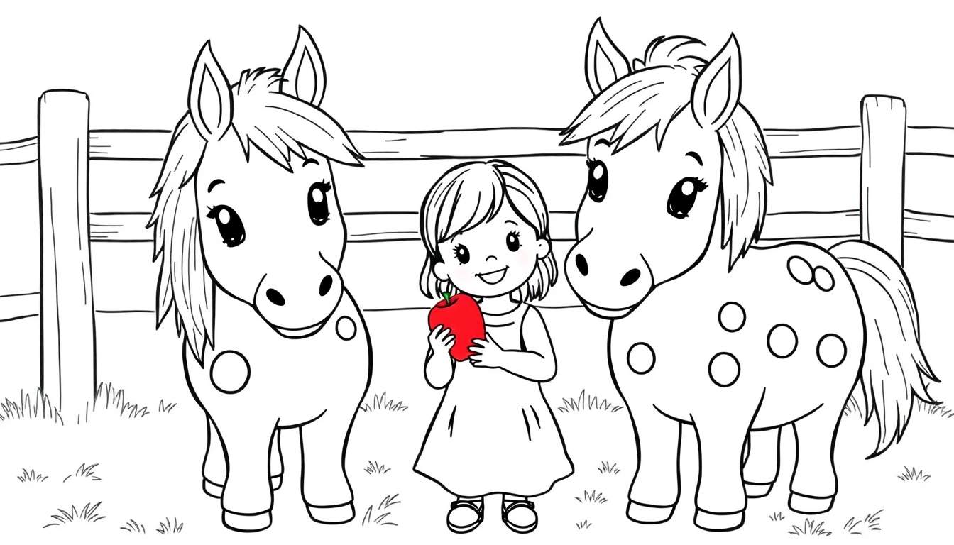Kleurplaat van een meisje met twee Shetland pony's en een appel.
