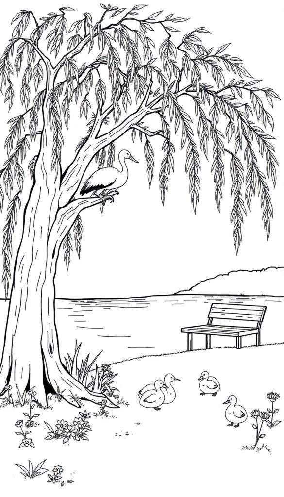 Kleurplaat van een wilgboom met ooievaar en eendjes