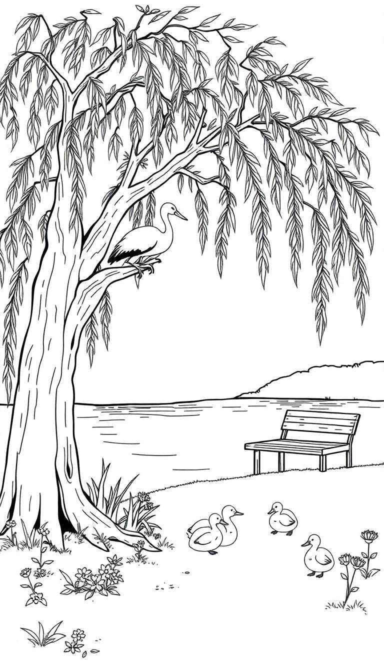 Kleurplaat van een wilgboom met ooievaar en eendjes