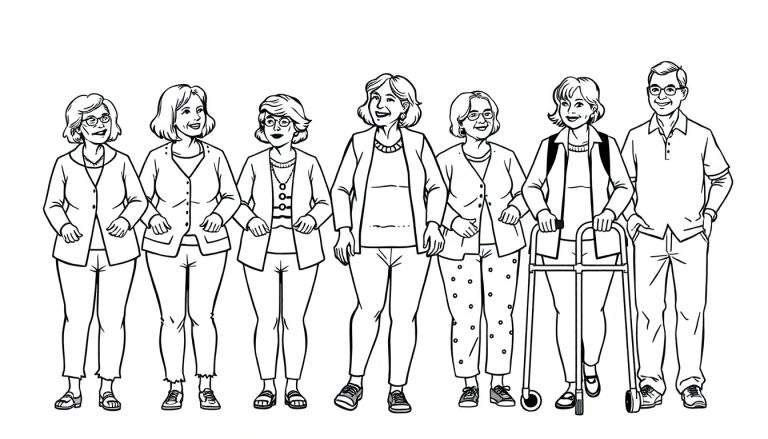 Kleurplaat van zeven oudere mensen die samen staan.