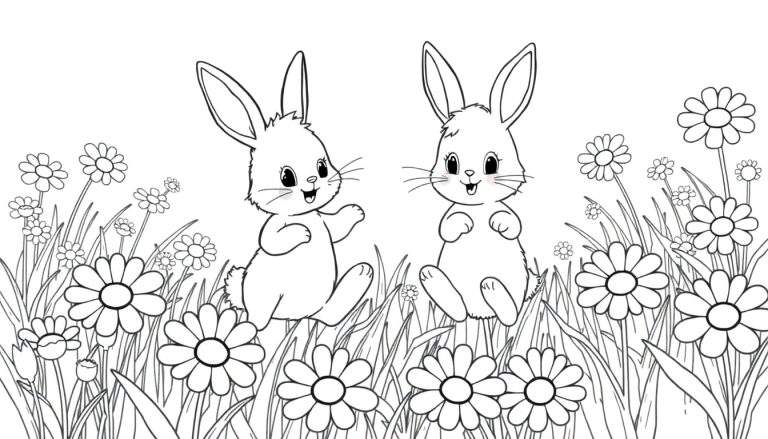 Zwart-wit kleurplaat van twee schattige konijntjes in een bloemenveld.