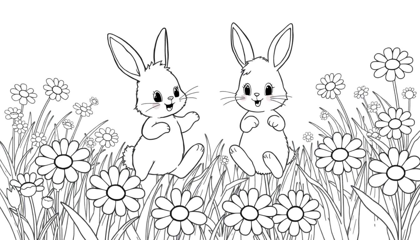 Zwart-wit kleurplaat van twee schattige konijntjes in een bloemenveld.