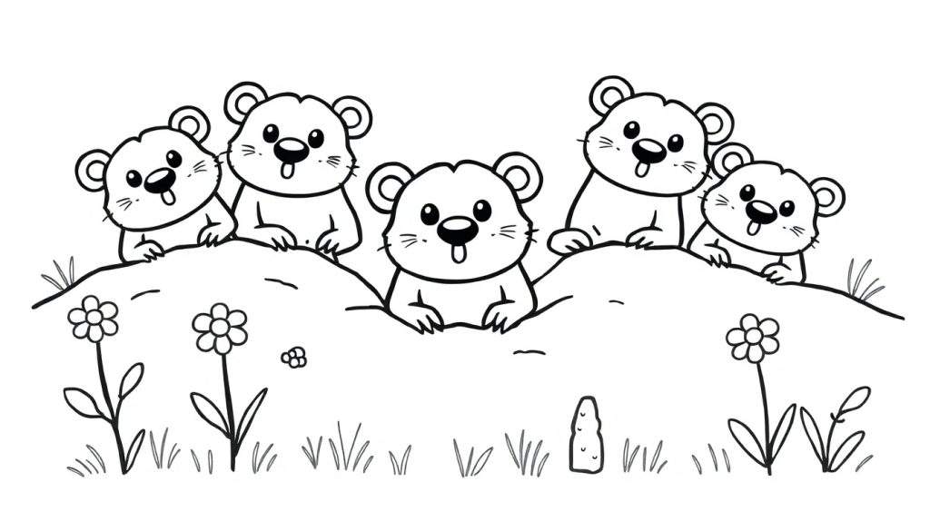 Vijf grappige marmotten steken uit een heuvel, klaar om ingekleurd te worden als kleurplaat.