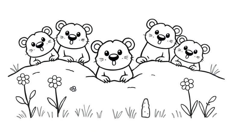 Vijf grappige marmotten steken uit een heuvel, klaar om ingekleurd te worden als kleurplaat.