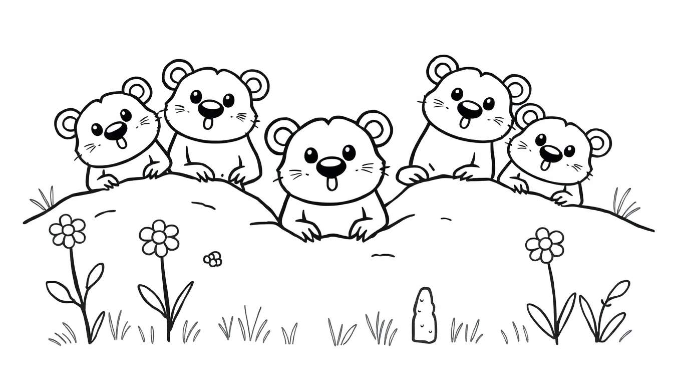 Vijf grappige marmotten steken uit een heuvel, klaar om ingekleurd te worden als kleurplaat.